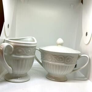 Gibson Claremont Footed Creamer and Sugar White w/ Scroll Pattern